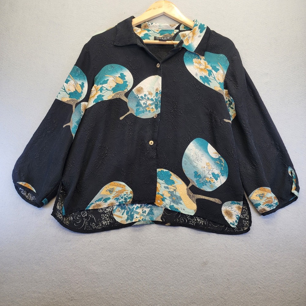 Citron Santa Monica Silk Blouse L Black Floral Jacquard Asian Fan Art To Wear
